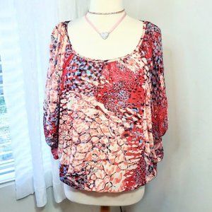 Jewels Womens Top Sheer Oversized Dolman Short Sleeves Elastic Waist Pink-Large